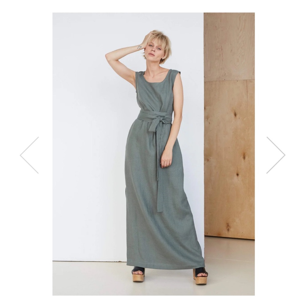 Safari Green Sand Snow Linen Dress with Tie, size L